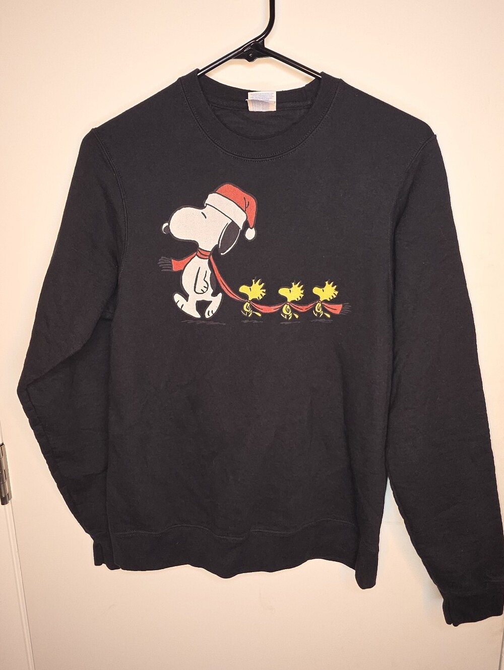 Men's Black Graphic Crewneck Sweater with Holiday Snoopy and Woodstock Print